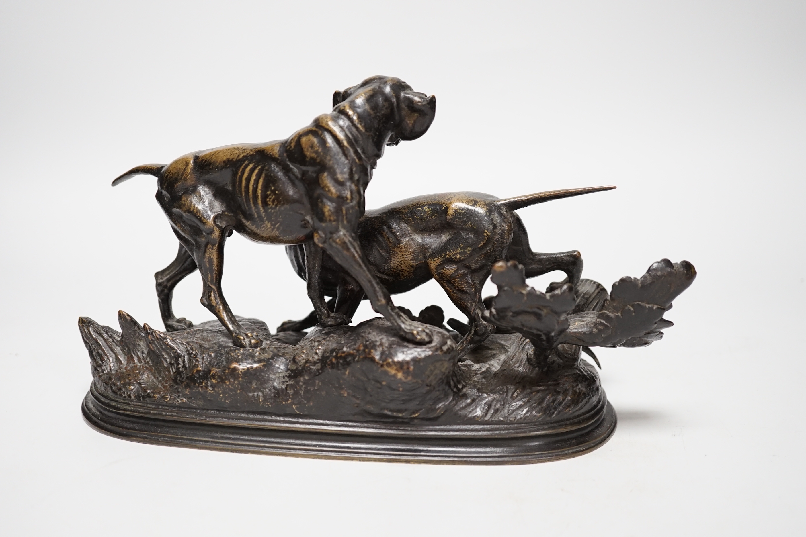 After Paul-Edouard Delabrierre (1829-1912) - a bronze group of two hunting hounds, 25cm long